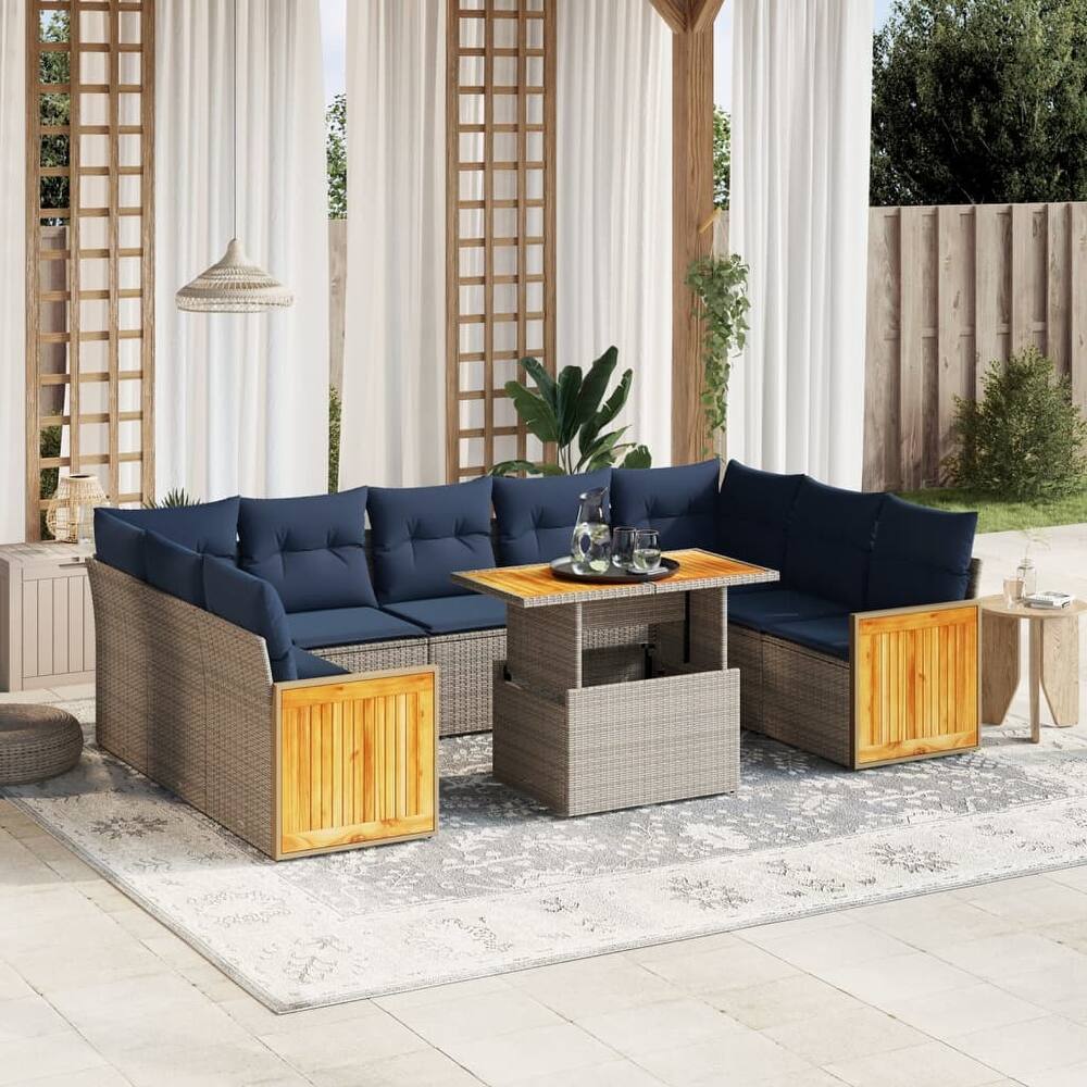 vidaXL 10 Piece Patio Sofa Set with Cushions Black/Gray Poly Rattan Acacia - 21.7 x 24.4 x 27.2