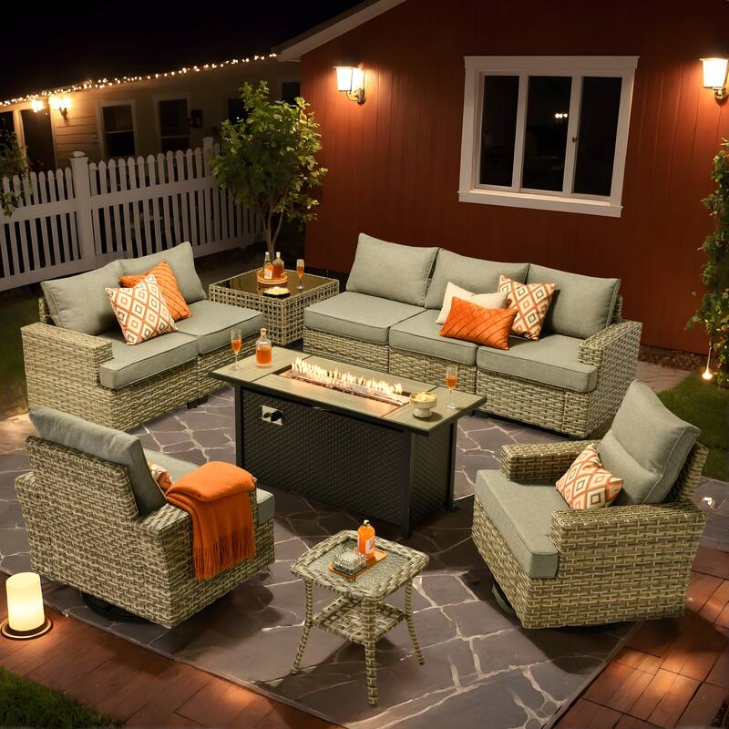 HOOOWOOO 10-piece Rattan Wicker Patio Outdoor Furniture Fire Pit Set with Swivel Rocking Chairs - Dark Grey