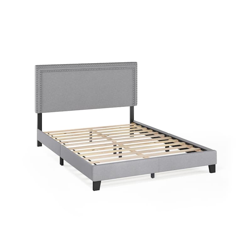 Rustic Ranch Bed Frame - Nailhead Headboard, Linen Upholstery, Strong Support, Multiple Sizes