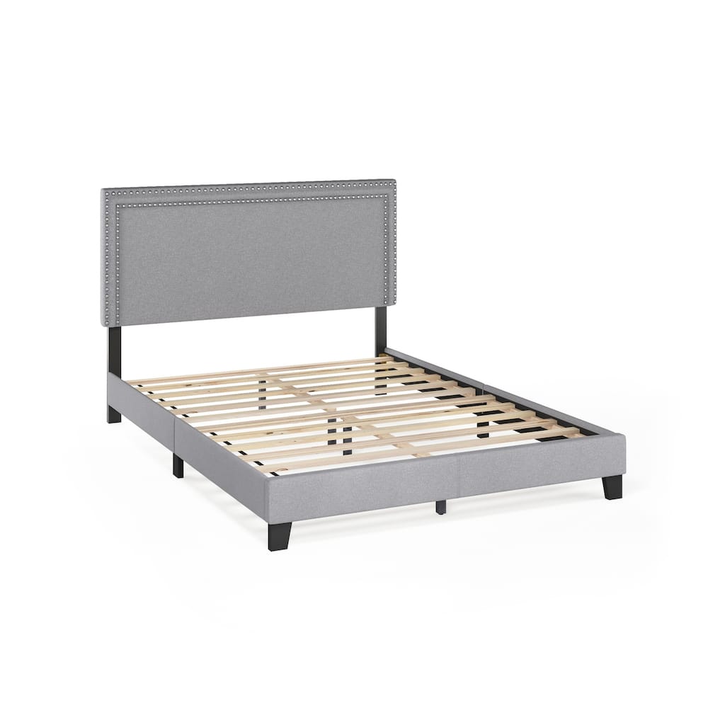 Rustic Ranch Bed Frame - Nailhead Headboard, Linen Upholstery, Strong Support, Multiple Sizes