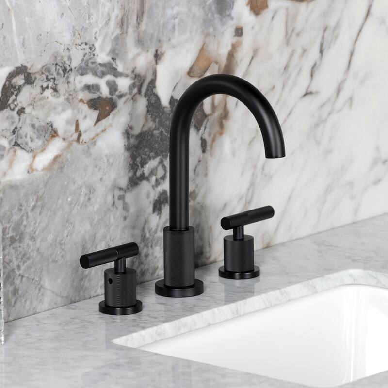 Kingston Brass Convergent Two-Handle 3-Hole Deck Mount Widespread Bathroom Faucet with Knurled Handle and Brass Pop-Up Drain