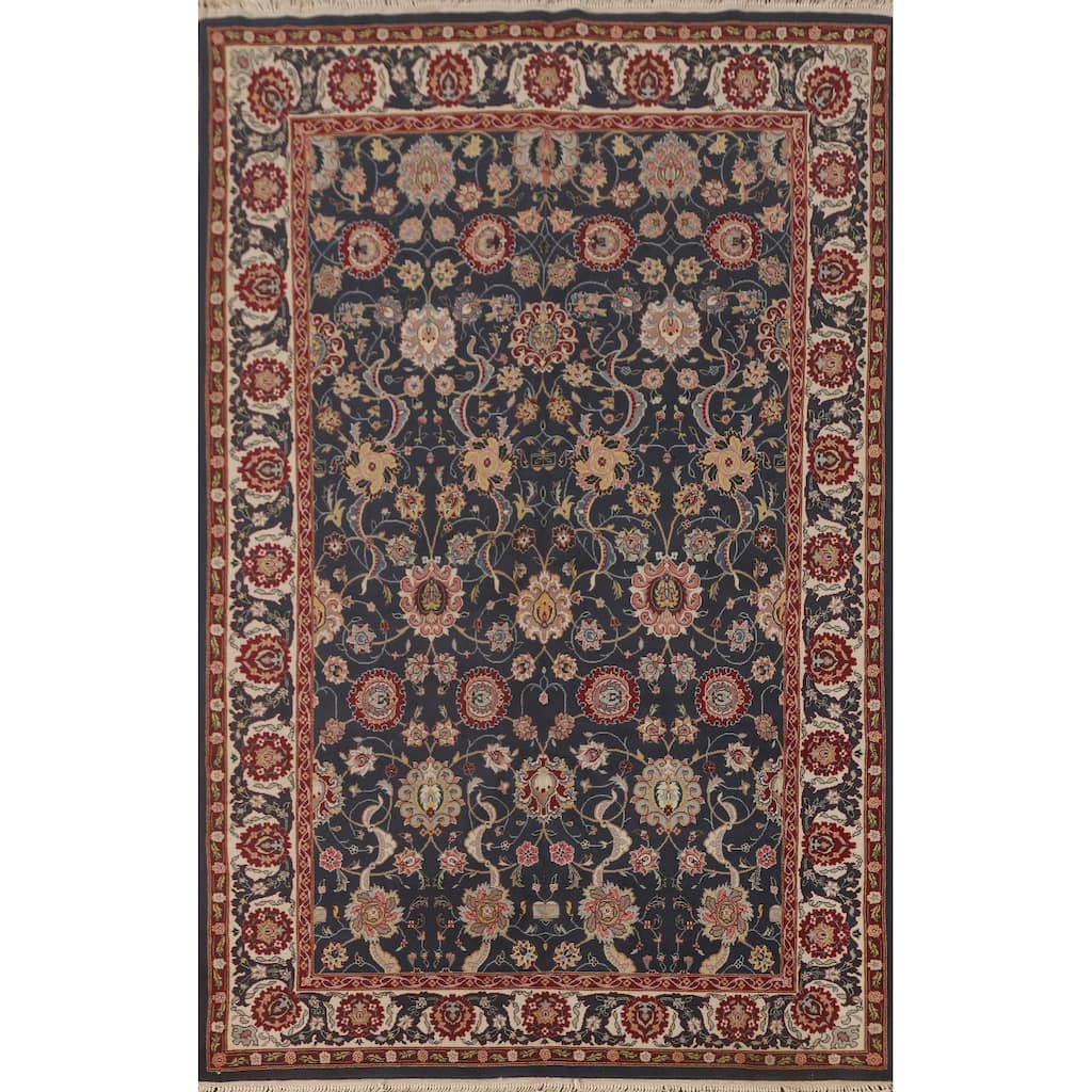 All-Over Floral Blue Tabriz Oriental Area Rug Hand-Knotted Wool Carpet - 5'9" x 8'10"