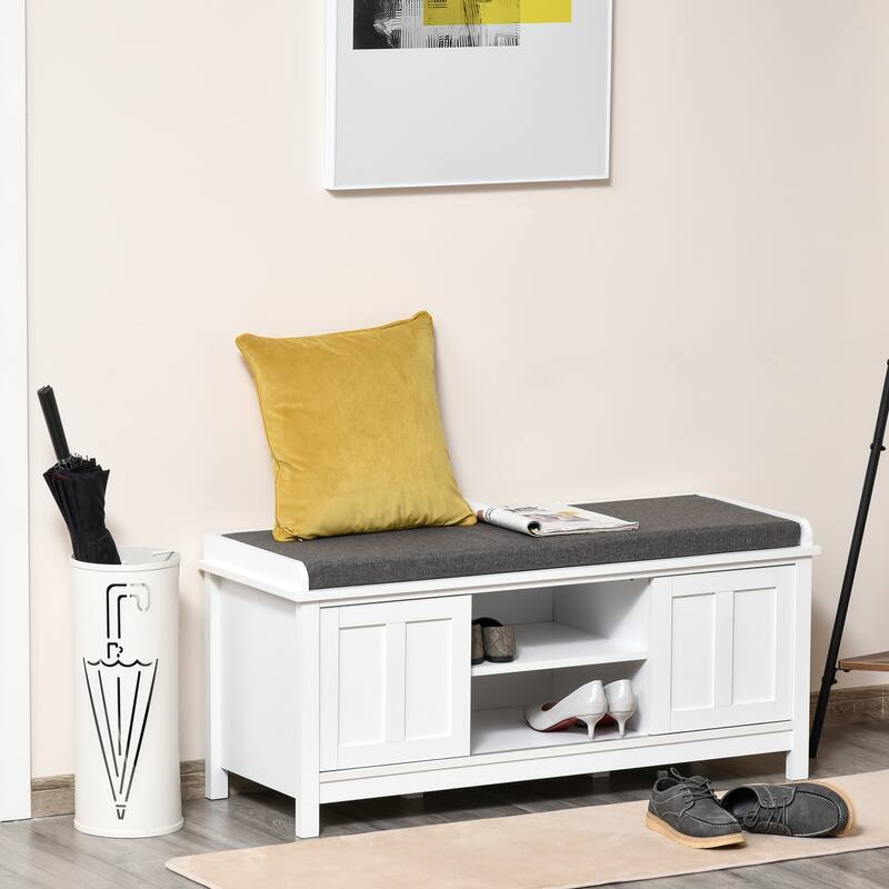 Featured Upholstered Seat, Entryway Shoe Bench with Adjustable Shelves, Storage Bench Ottoman Bench for Living Room - White