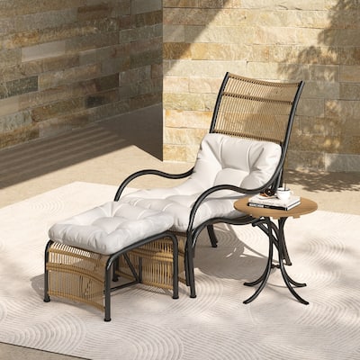 3 Pieces Wicker Outdoor Patio Furniture Set with Lounge Chair, Balcony Chairs Table Set with Cushions, Ottoman