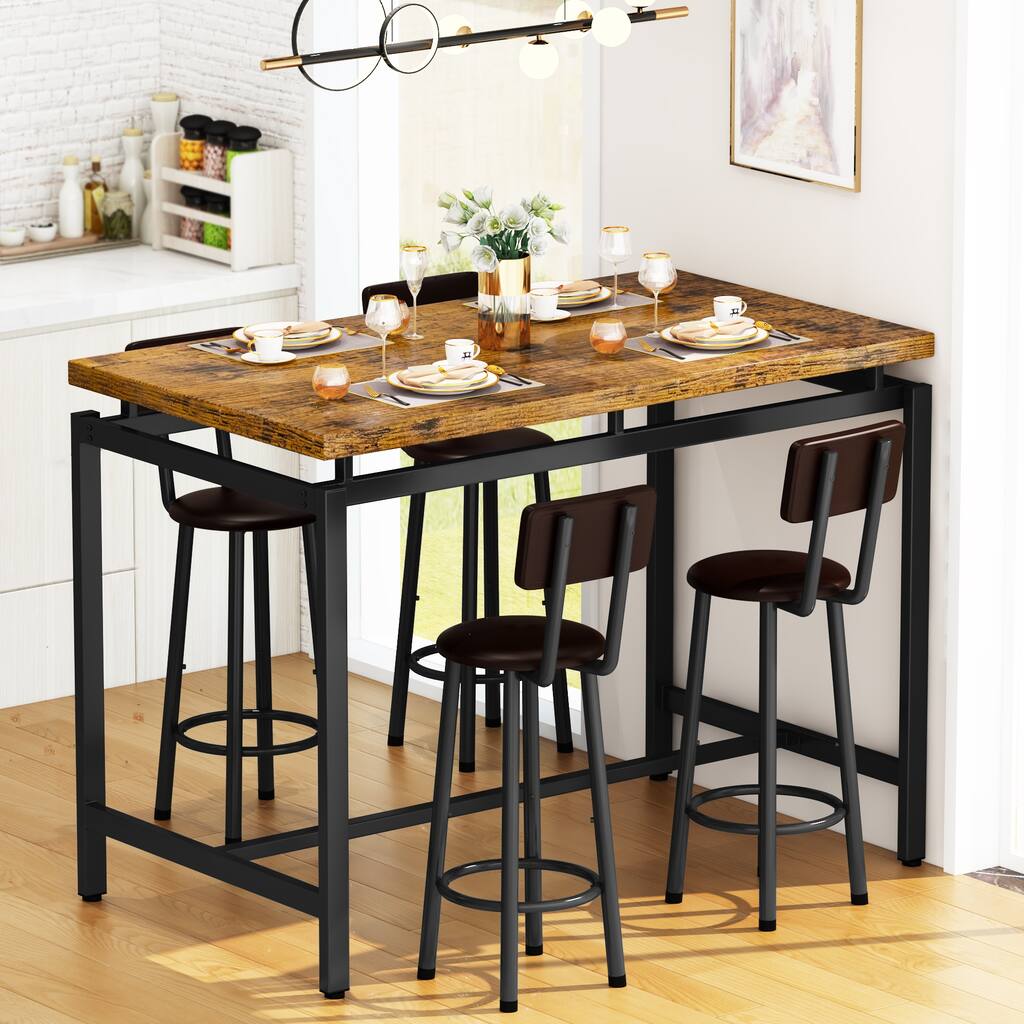5-Piece Brown Bar Table Wood Counter Height Dining Tsble & Chairs Set