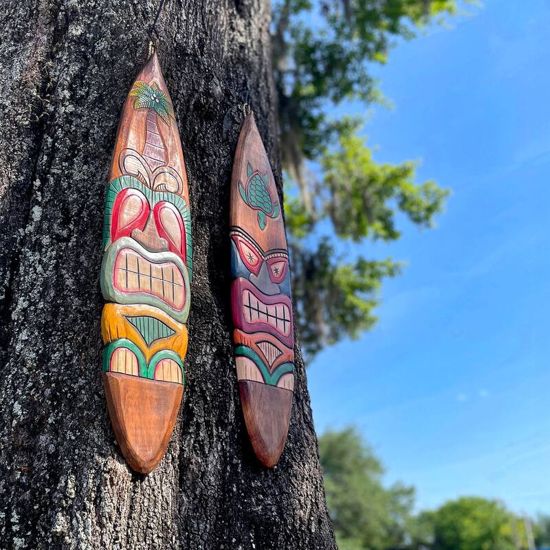 Set Of 2 Tiki Surfboard Wall Decor 39" Sea Turtle Palm Tree