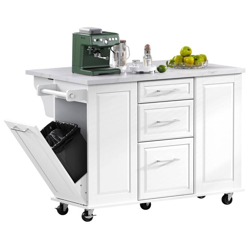50.7" Kitchen Island with Storage and Concealed Trash Can, Rolling Kitchen Island on 5 Wheels with Drop Leaf, Drawers and Door