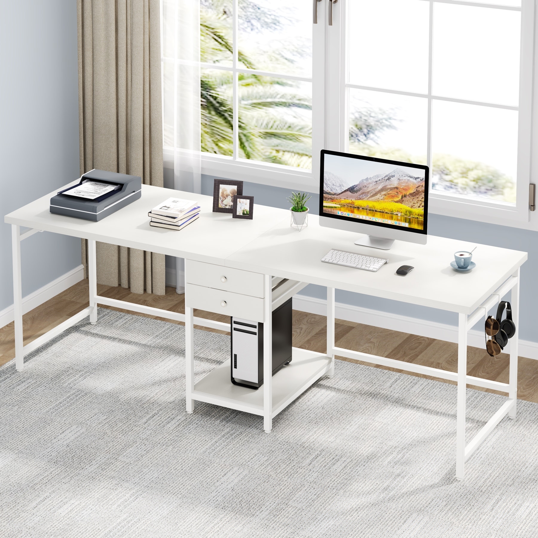 Extra Long Two Person Desk,Industrial Workstation for Home Office，78’’ Double Computer Desk with Drawers and Storage Shelves