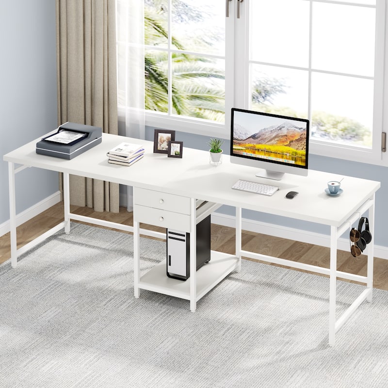 Extra Long Two Person Desk,Industrial Workstation for Home Office，78’’ Double Computer Desk with Drawers and Storage Shelves - White