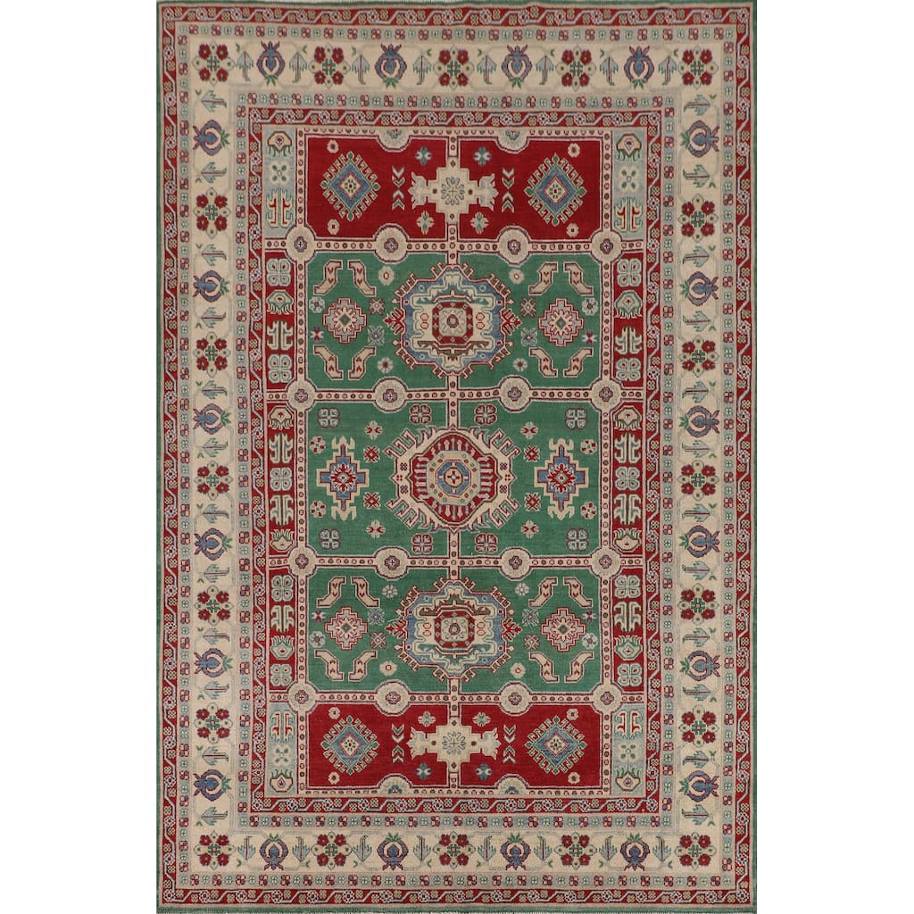 Green Kazak Oriental Area Rug Handmade Wool Carpet - 6'7" x 9'7"