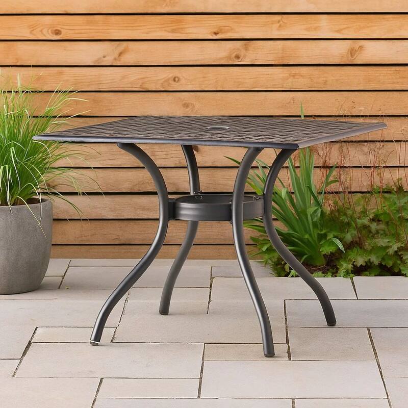 Cay Outdoor Dining Table, 40 Inch Square Top, Black Lattice Metal Design