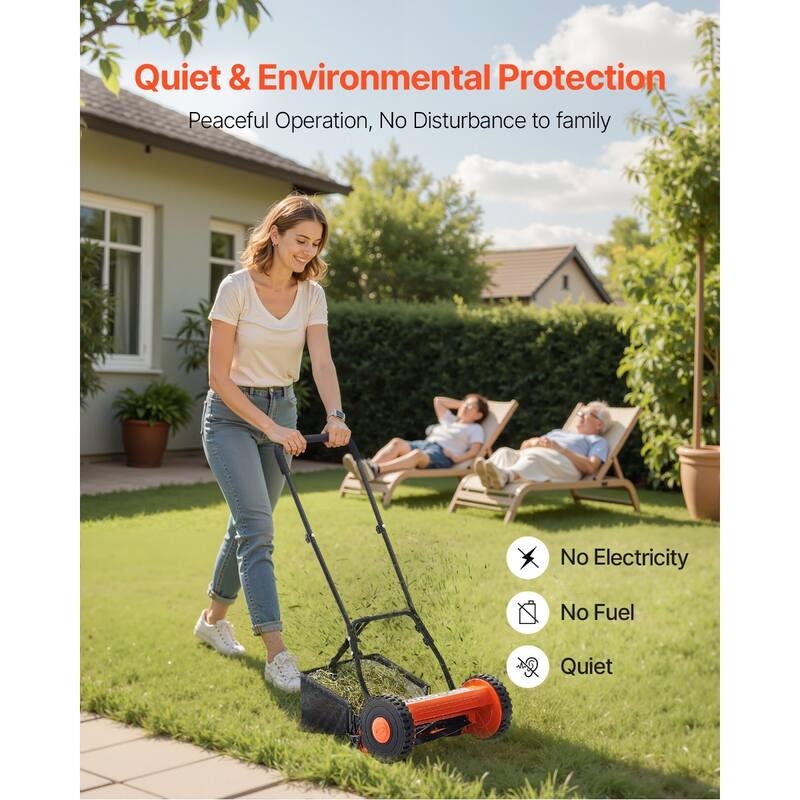 Black and Orange 16 inches Push Lawn Mower with 5 Steel Blades, Adjustable Height and Grass Catcher