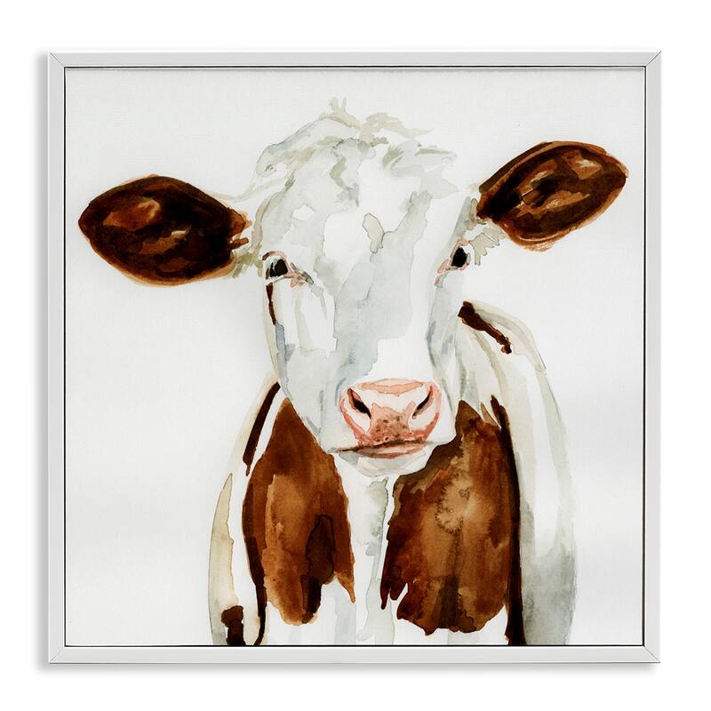 Stupell Farm Cow Portrait Neutral Watercolor Brown Tan Framed Wall Art, 12x12 - 24 x 24 - White