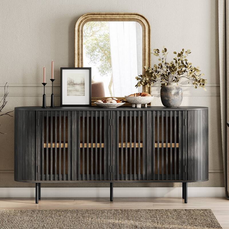 WAMPAT 66" Fluted Sideboard Buffet Cabinet,Wood Storage Cabinet with 4 Doors - Black