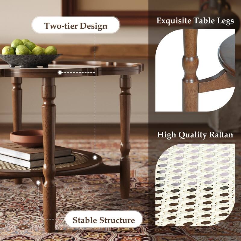 Mid-Century Style Coffee Table with Petal Shape and White Crackle Pattern Glass,2-Tiered Coffee Table with Rattan,Walnut,31.5"