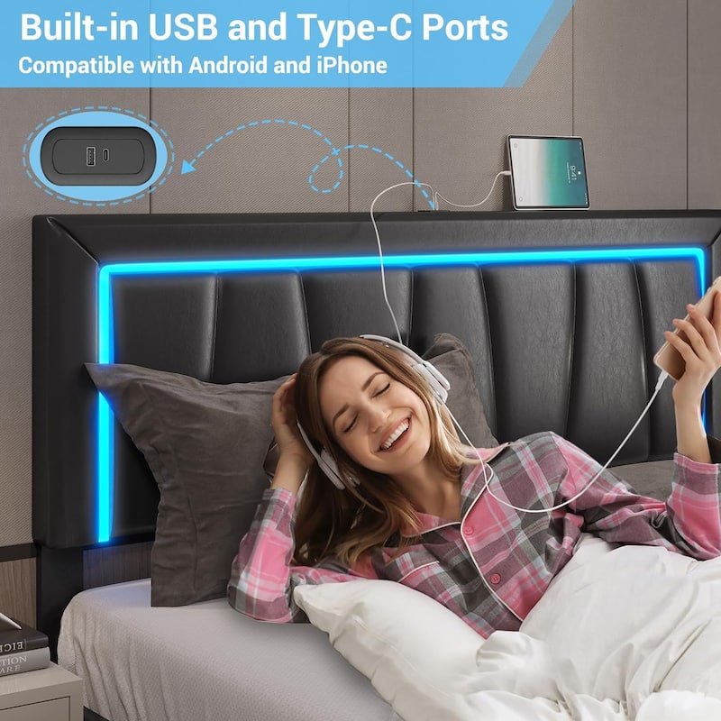 Bed Frame with 4 Storage Drawers1 USB /Type-C Charging Station