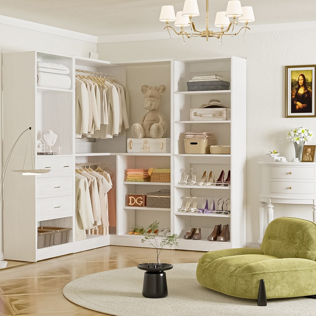 Cimly Set of 3 Corner Closet System with Drawers and Mirror, Multi-functional Closet Organizer with Shoe Racks