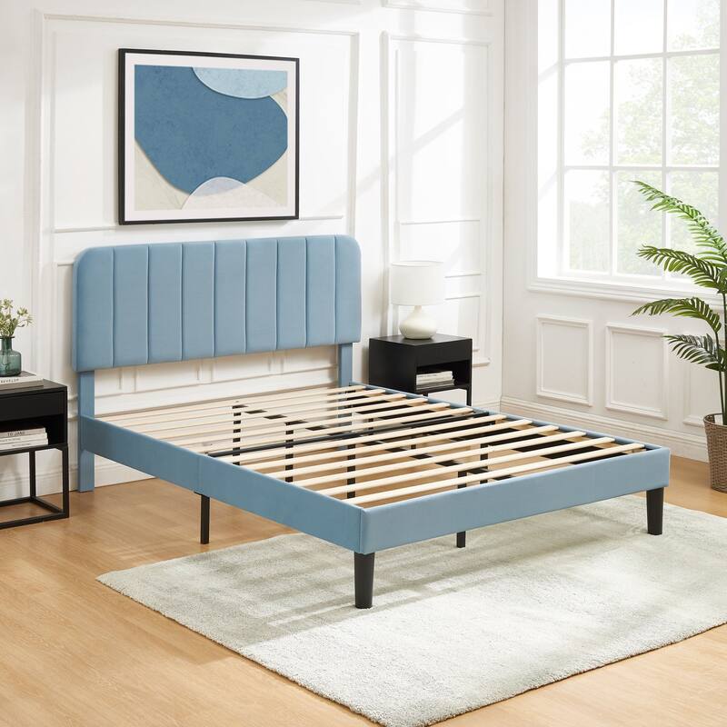 VECELO Velvet Upholstered Bed Frame with Vertical Channel Tufted Headboard, Adjustable Headboard, Wooden Slats Support