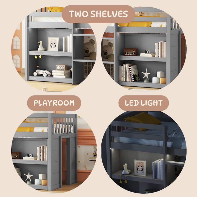Twin Size Low Loft Bed with Shelves, LED Light, and Play Area, Grey
