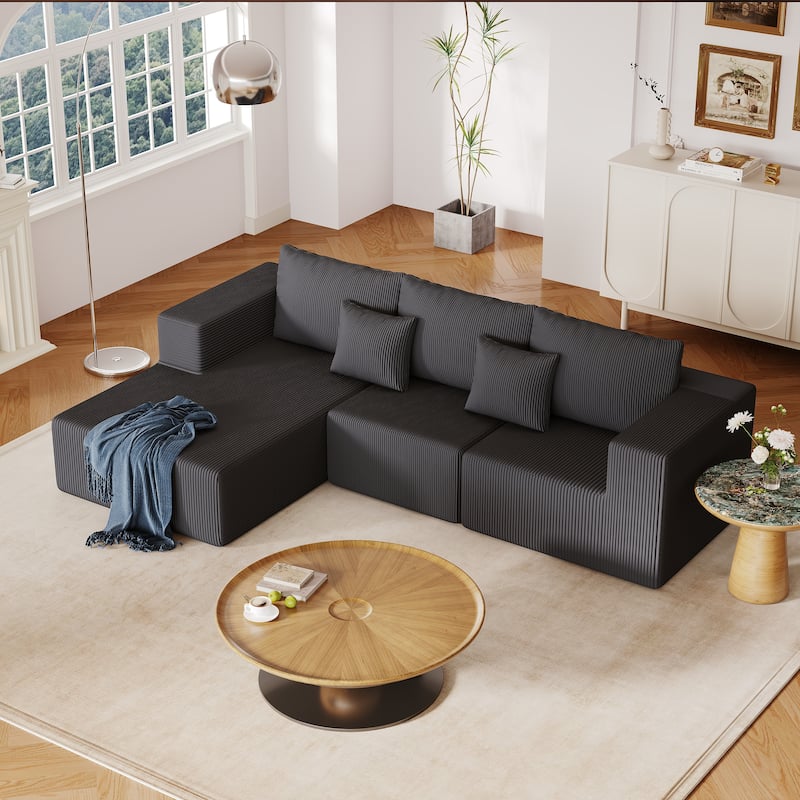 108.3" L-Shape Corduroy Modular Sofa with Chaise Lounge, Dark Grey