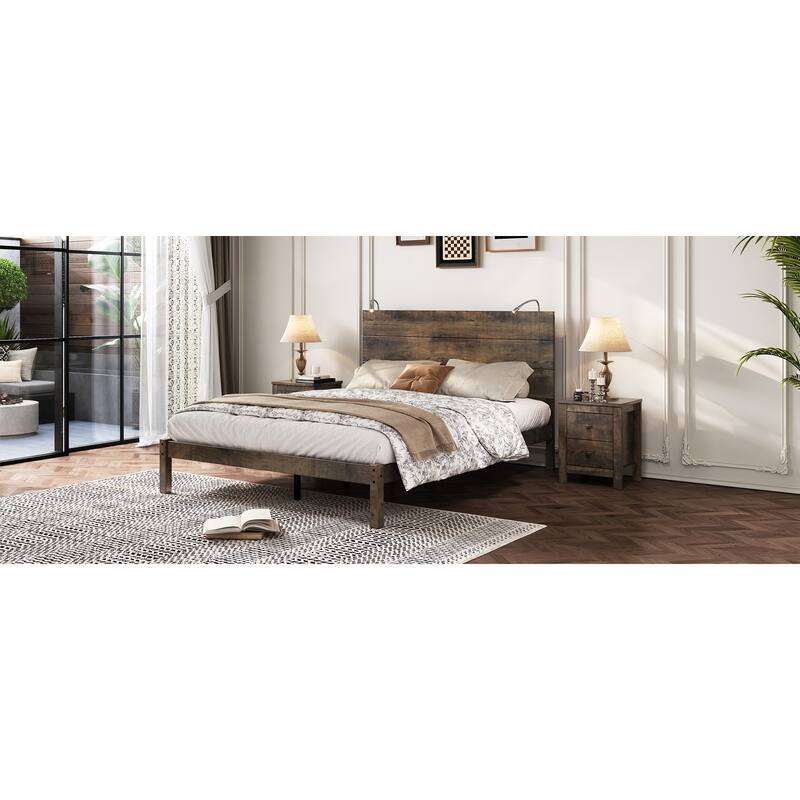 Queen Rustic Wood Platform Bed with Built-In Bedside Lights