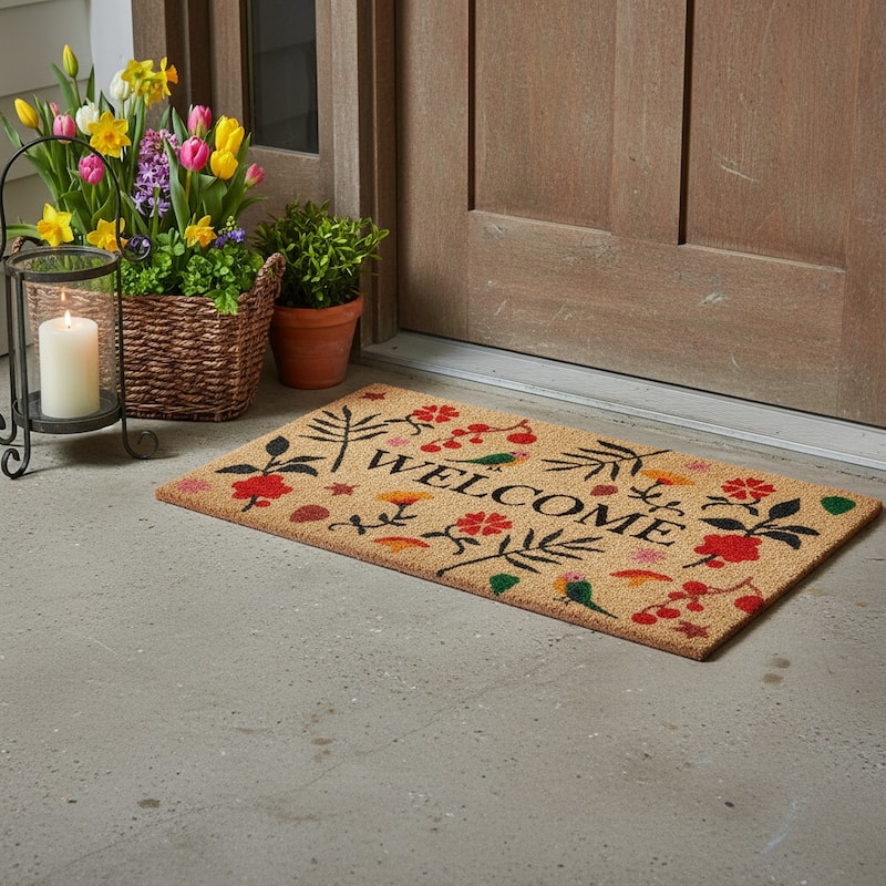 HomeRoots 17" X 29" Brown Red Black And Green Floral Birds Welcome Outdoor Coir Door Mat - 17.00' X '29.00 - 17.00' X '29.00