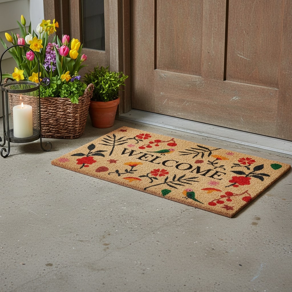 HomeRoots 17" X 29" Brown Red Black And Green Floral Birds Welcome Outdoor Coir Door Mat - 17.00' X '29.00