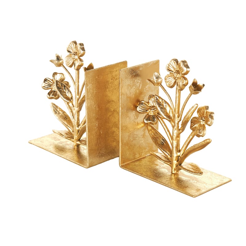 Metal Floral Decorative Bookends with Shimmer Details - Set of 2 Gold - Roche River Decor - 3"W x 6"L x 7"H