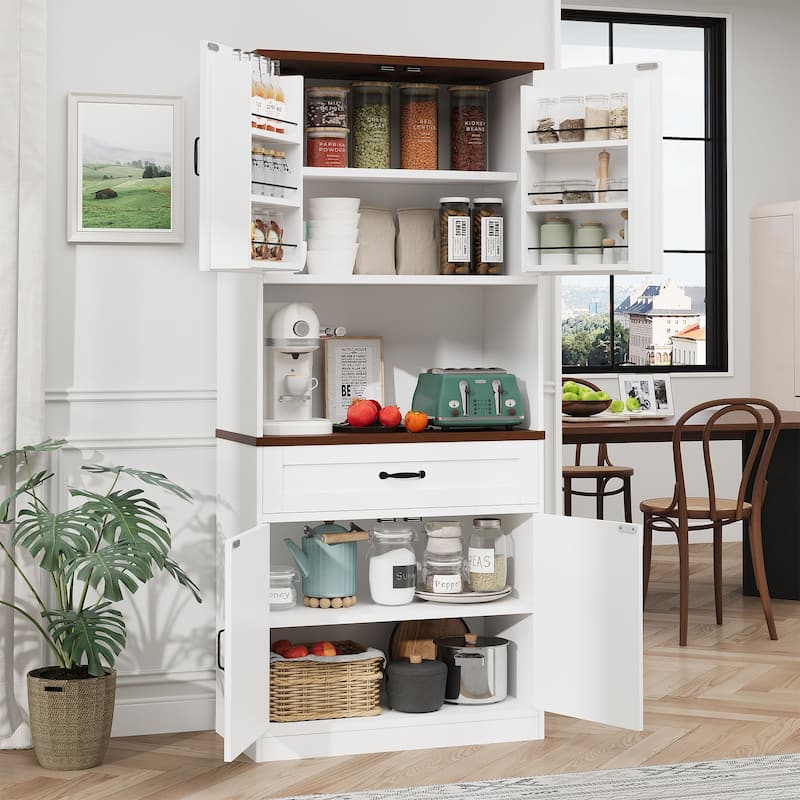 Gymojoy 70" Farmhouse Kitchen Pantry Cabinet With Operation Table & Power Outlet, Freestanding Cupboard
