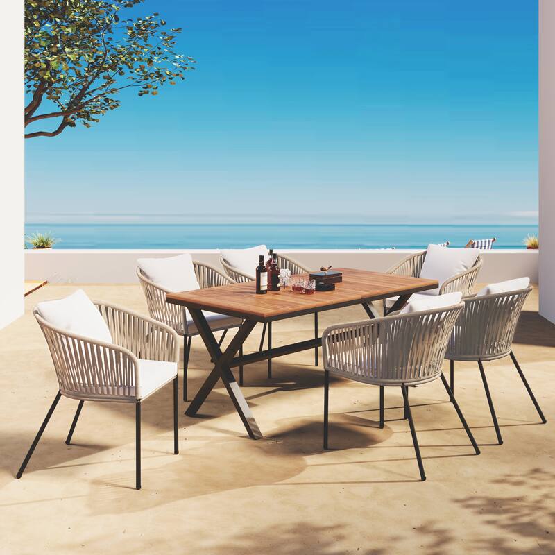 7 Pieces Patio Dining Set, Outdoor Furniture Set with Dining Table and 6 Chairs, Acacia Wood Table Top, Metal Frame Beige - Beige