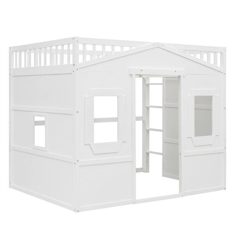 Solid Wood House Loft Bed with Window Design and Ladder, Twin/Full Size Playhouse Bed Loft Bed Frame with Guardrail for Kids