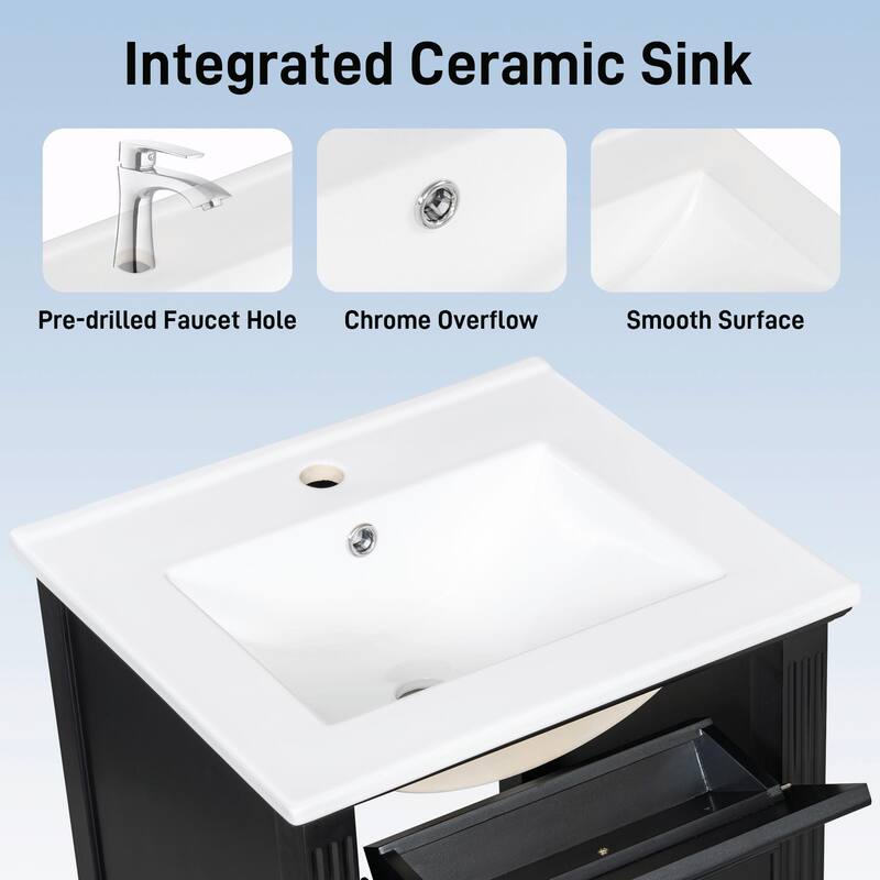 20" Bathroom Vanity, Sink with Solid Wood Legs, Adjustable Shelf, Tilt-Out Drawer