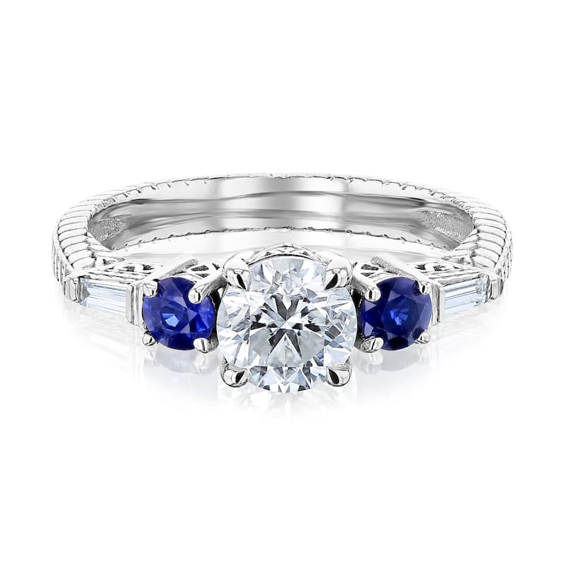 Kobelli 1.63 Carats Natural Diamond & Blue Sapphire Solid Gold 3-Stone Engagement Twill Ring