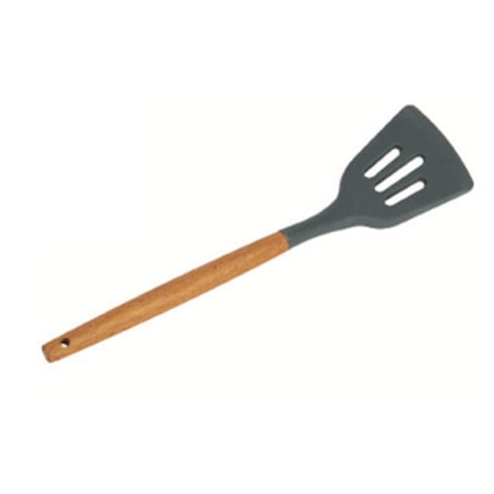 Home Basics Acacia & Silicone Spatula Slotted Turner, Black, 3x14 Inches - 3x14 Inches