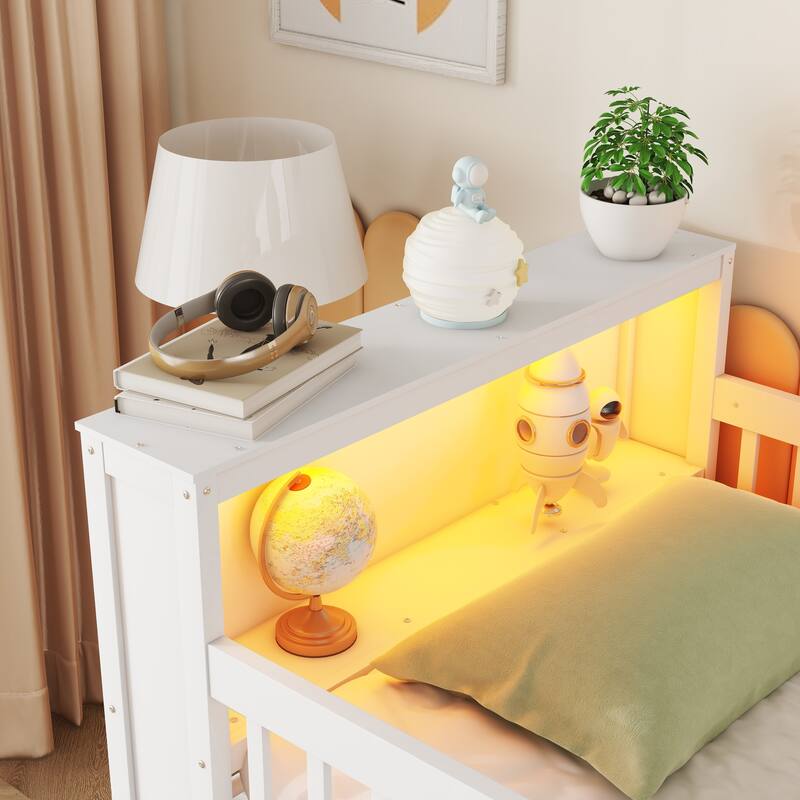 Kids Twin Loft Bed with LED, Staircase, Storage Drawers & Shelves, Solid Wood Frame - Safe & Functional