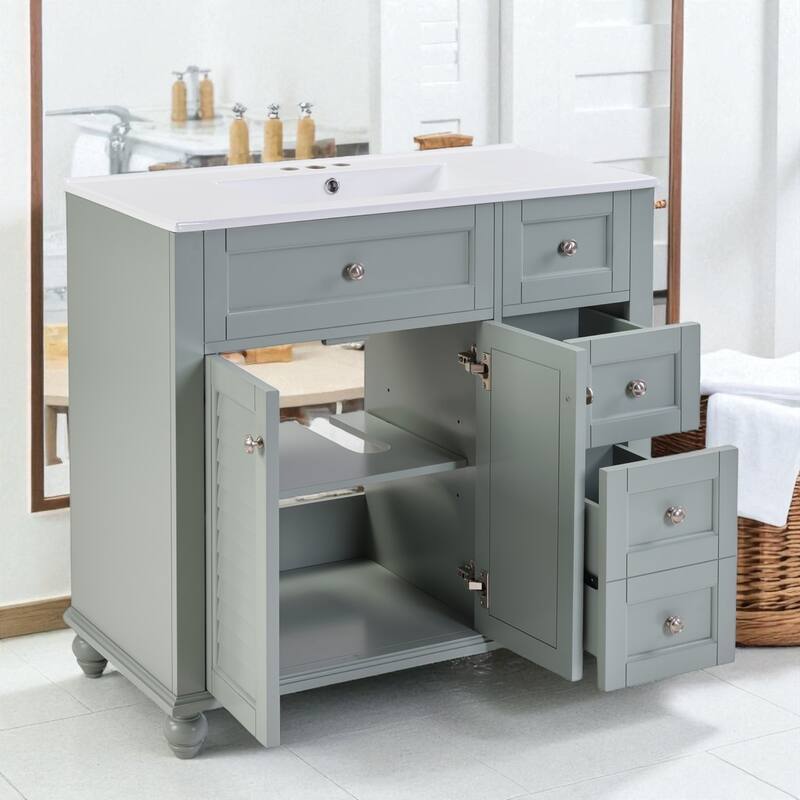 36" Bathroom Vanity with Ceramic Sink Solid Wood Frame Soft Close Drawers and Adjustable Storage Shelves