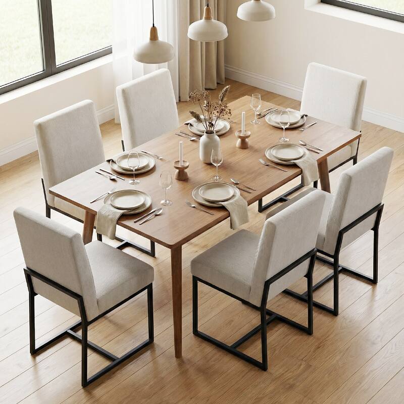 Mid Century Modern Dining Chair with Black Metal Legs - Set of 6 - Beige-unstriped