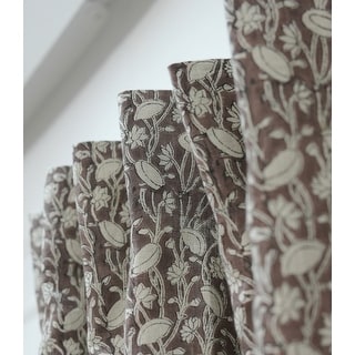 Fabdivine Brown Block Print Rod Pocket Linen Curtain, Floral Window Drape, Boho Light Filtering Window Treatments, Pista