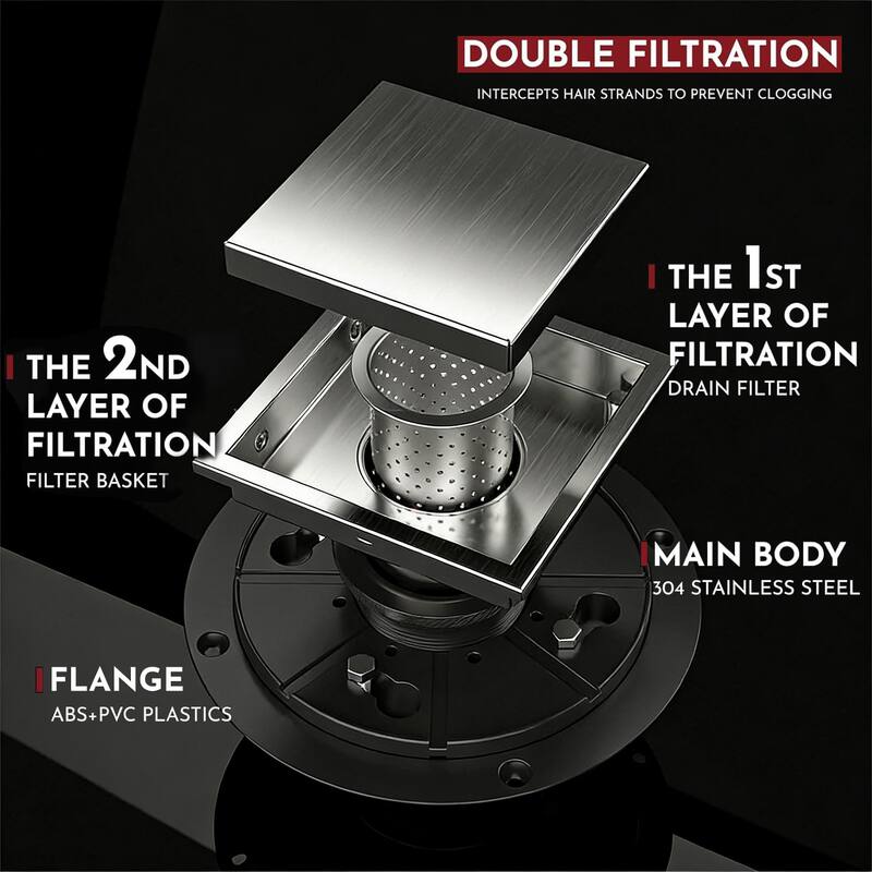 4/6-Inch Square Shower Drain, Reversible Tile Insert