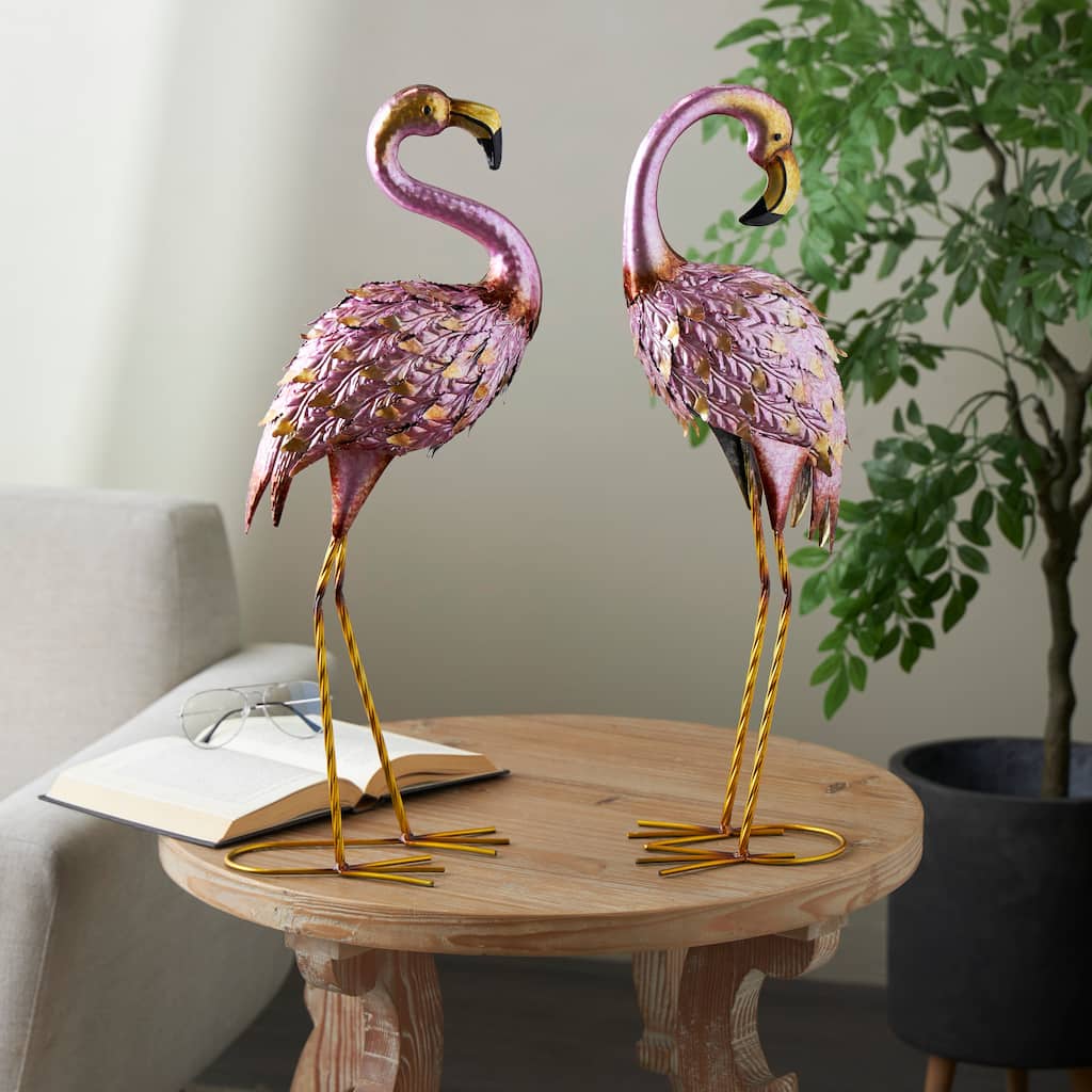 Pink Metal Flamingo Decorative Garden Sculpture with Dimensional Feathers and Gold Accents (Set of 2)