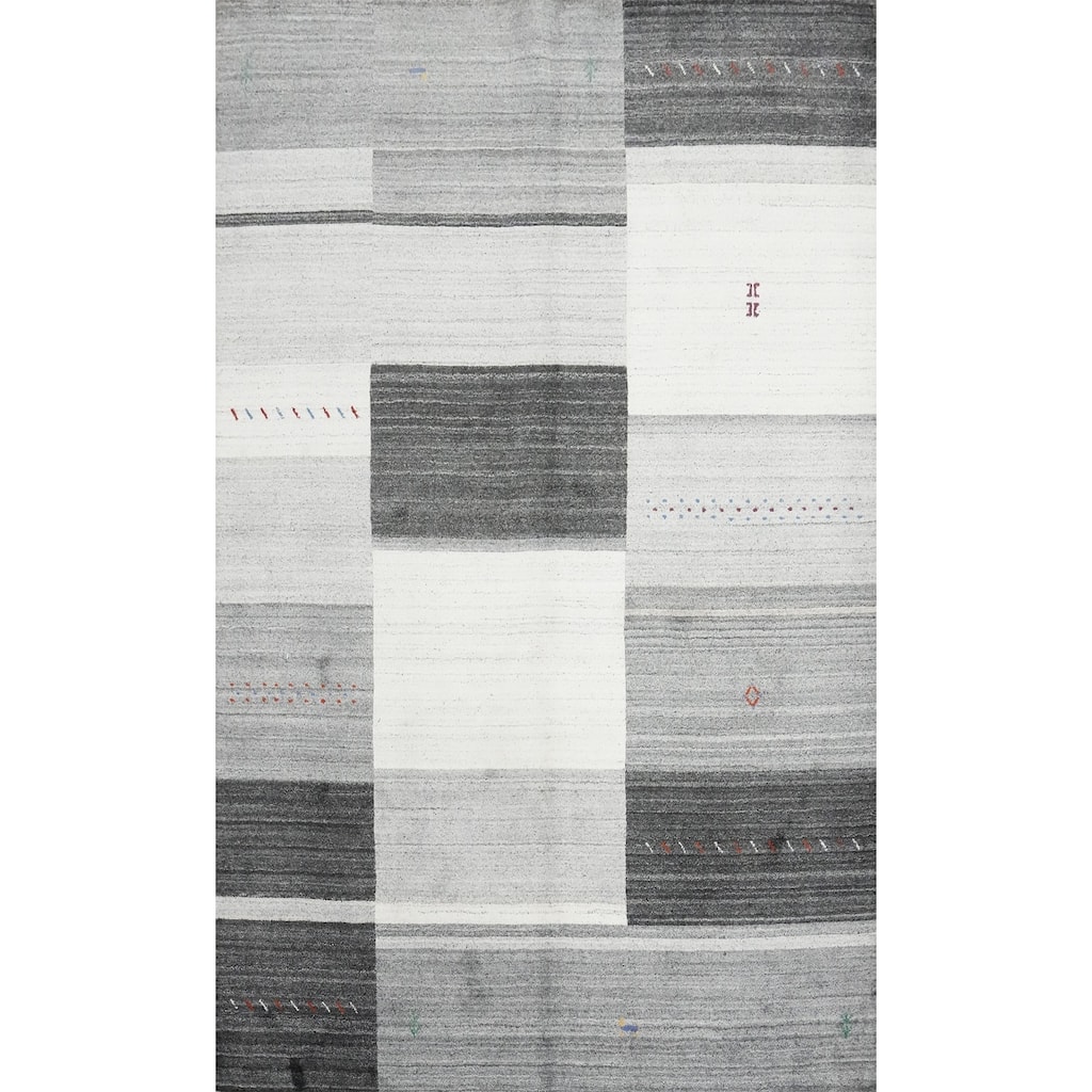 Hand Knotted Oriental 100% Wool Carpet Tribal Geometric Greys & Charcoal Gabbeh Area Rug - 7' 7'' X 5' 3''