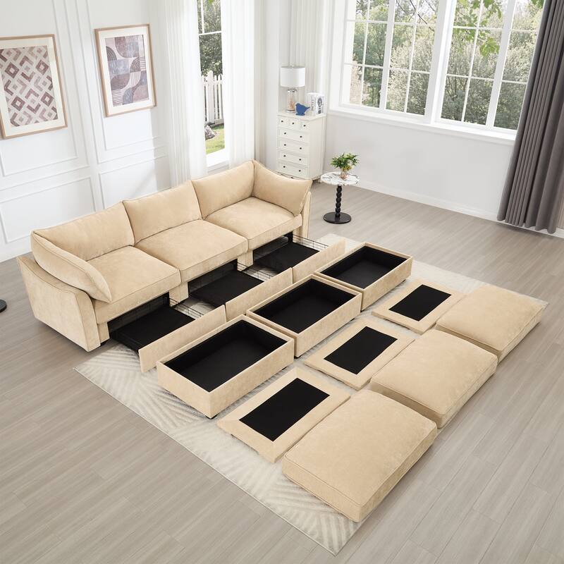 Modular Upholstered Sofa with 3 Ottomans and Storage Drawers, Deep Seat Chenille Sleeper Couch for Living Room, Home Theater