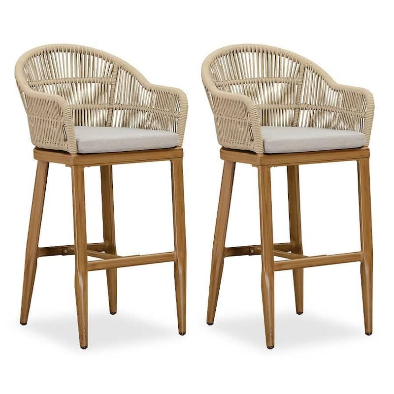PURPLE LEAF Outdoor Dining Chairs Set of 2 Patio Counter Height Bar Stool with Cushion - Brown-High stool