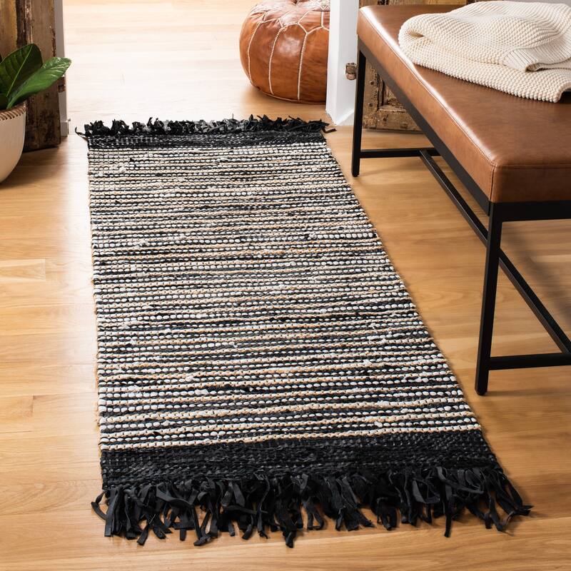 SAFAVIEH Handmade Vintage Boho Leather Zhanna Modern Stripe Leather Rug with Fringe - 2'3" x 6' Runner - Black/Multi