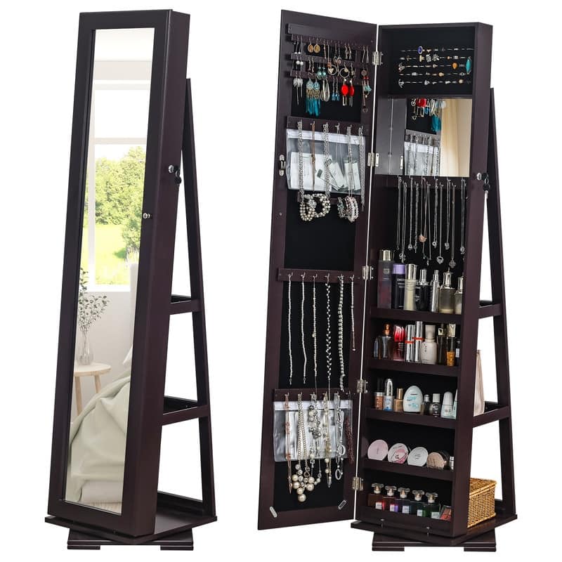 Brown Mirror Storage Cabinet 5 Tiers Rotatable Wooden Painted