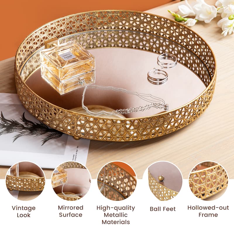 Glitzhome Set of 2 Round Metal Gold Mirrored Decorative Trays -13"/15"L