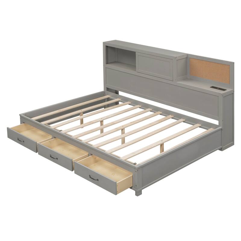 Full Size Wooden Daybed with 3 Storage Drawers,Upper Soft Board and USB Ports for Bedroom