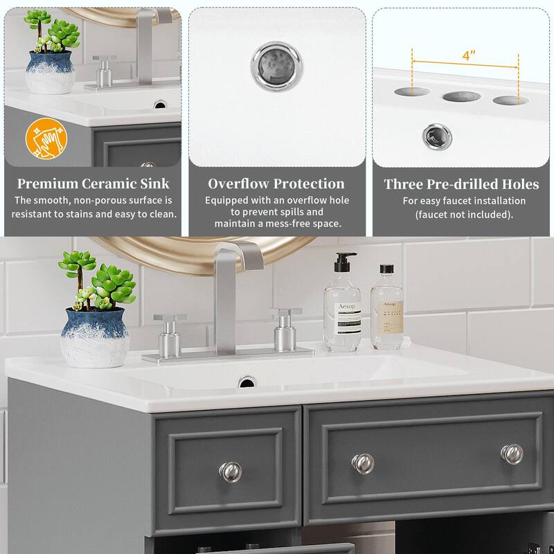 24-Inch Bathroom Vanity Cabinet with Ceramic Sink - 2 Drawers and 1 Door