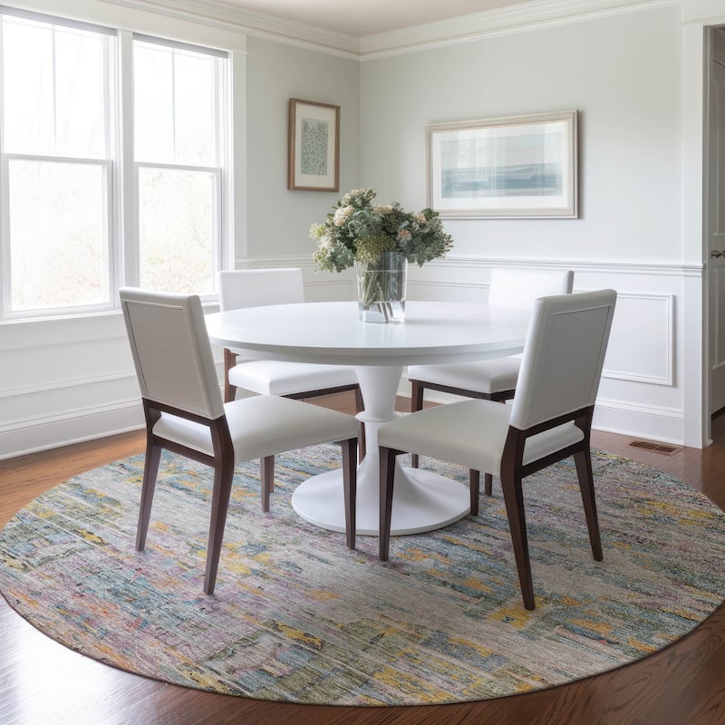 Machine Washable Indoor/ Outdoor Abstract Modern Chantille Rug - Linen - 8' x 8'