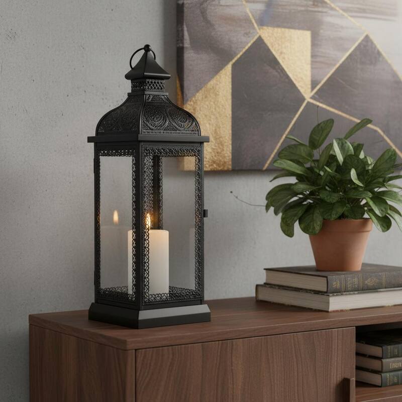 18" Clear And Black Glass And Metal Filigree Tabletop Lantern Candle Holder - Clear/Black